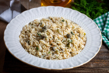 Traditional delicious Turkish food; rice pilaf with pine nuts and currants (Turkish name; ic pilav or pilaf)