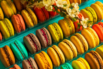 Close-up of macarons cakes of different colors in blue background. Culinary and cooking concept. Tasty colourful macaroons.