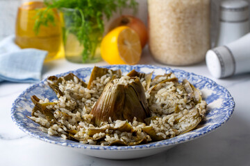 Fresh delicious stuffed artichoke, best Turkish food. Turkish name; Zeytinyagli Enginar Dolmasi
