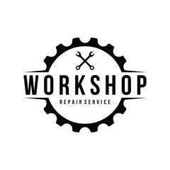 Crossed wrench logo template design with vintage gear.Logo for workshop, badge, industry,service or repair and mechanic.