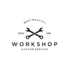 Crossed wrench logo template design with vintage gear.Logo for workshop, badge, industry,service or repair and mechanic.