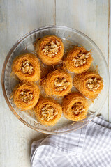 Traditional delicious Turkish food; walnut kadayif, Turkish name; kase kadayif
