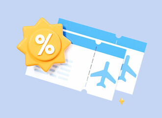 3D Airline tickets with discount percent. Travel deals. Big tour sale. Book cheap international flight. Boarding pass air ticket. Cartoon creative design icon isolated on blue background. 3D Rendering