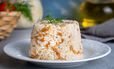 Traditional delicious Turkish food; Turkish style rice pilaf (Turkish name; Arpa sehriyeli pirinc pilavi)