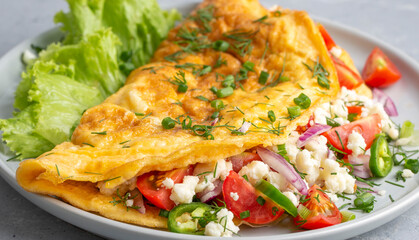 Omelet breakfast with cherry tomatoes and white feta cheese on white