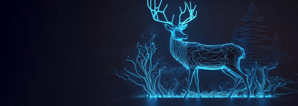 Deer glowing on a blue background. Christmas. Deer in the forest. Banner. Generated AI
