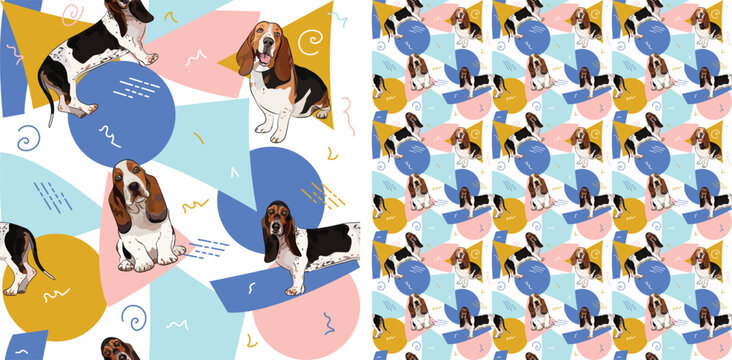 Basset hound dog summer pastel wallpaper. Holiday abstract circles, squares, spirals, confetti. Seamless geometric background, repeatable pattern. Birthday wallpaper, Christmas present, print tiles. 