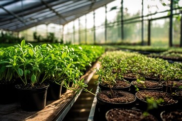 stock photo of growing plants in greenhouse garden photography Generated AI