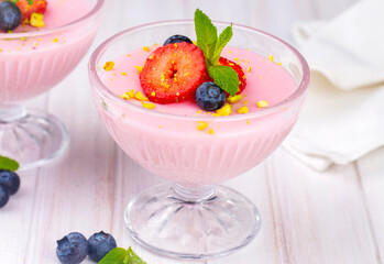 Strawberry Cream Dessert with some blueberries, strawberry pudding