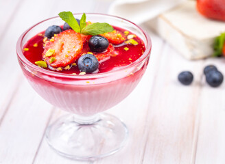 Strawberry Cream Dessert with some blueberries, strawberry pudding