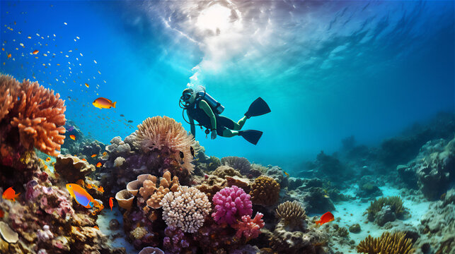 Scuba Diving in Tropical Ocean Coral Reef sea under water, scuba diver, Caribbean, Fiji, Maldives, snorkel, marine life, aquatic, aqua blue, dive, travel, tourism. Ai generative