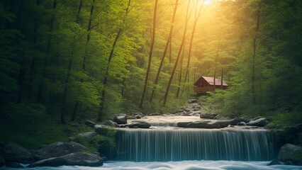 An Image Of A Brilliantly Colorful Picture Of A Small Cabin In The Woods