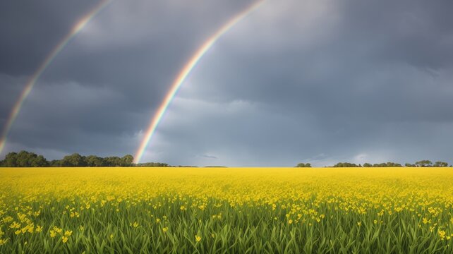 A Tasteful Image Of A Field Of Yellow Flowers Under A Rainbow
