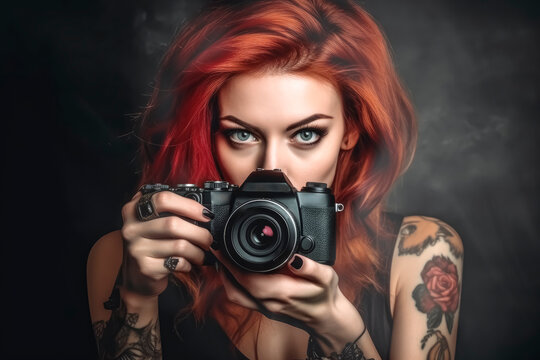 TATTOOED REDHEAD PHOTOGRAPHER WITH CAMERA IN HAND LOOKING STRAIGHT AHEAD. AI ILLUSTRATION