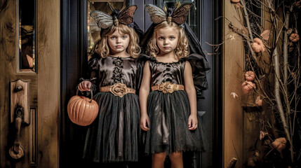 Trick or Treat Children on Halloween Digital Art KI Wallpaper Background Generative AI KI Journal Illustration 