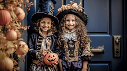 Obraz na płótnie Canvas Trick or Treat Children on Halloween Digital Art KI Wallpaper Background Generative AI KI Journal Illustration 