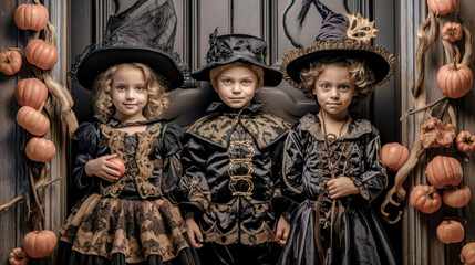 Fototapeta premium Trick or Treat Children on Halloween Digital Art KI Wallpaper Background Generative AI KI Journal Illustration 