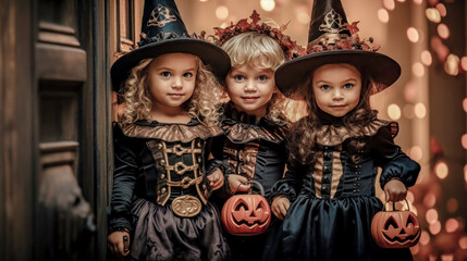 Fototapeta na wymiar Trick or Treat Children on Halloween Digital Art KI Wallpaper Background Generative AI KI Journal Illustration 