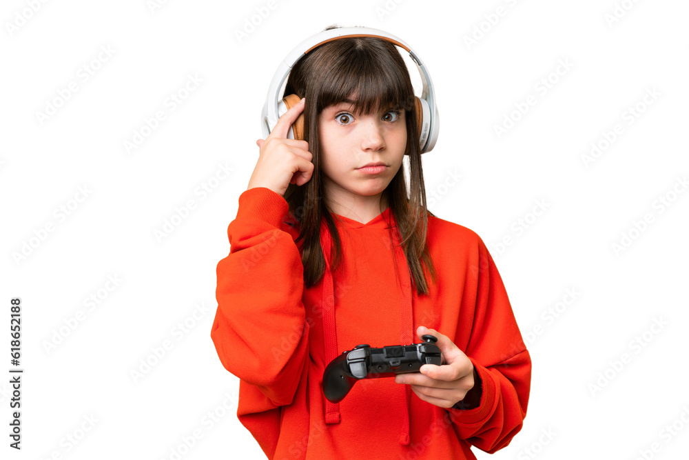 Sticker Little caucasian girl playing with a video game controller over isolated background thinking an idea