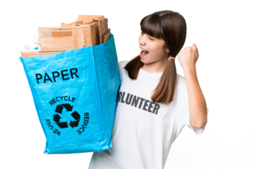Little Caucasian girl holding a recycling bag full of paper to recycle over isolated background celebrating a victory