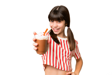 Young man with chocolat milkshake over isolated background with happy expression