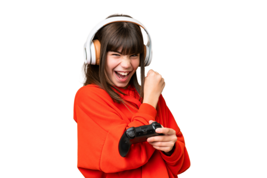 Little caucasian girl playing with a video game controller over isolated background celebrating a victory - Powered by Adobe
