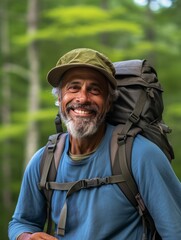 Obraz premium Senior Man in Cap Hiking Outdoors, Active Ethnic Mature Hiker Photorealistic Illustration