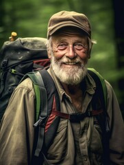 Obraz premium Senior Backpacker Outdoors, Active Mature Man with Beard, Hiker Photorealistic Illustration