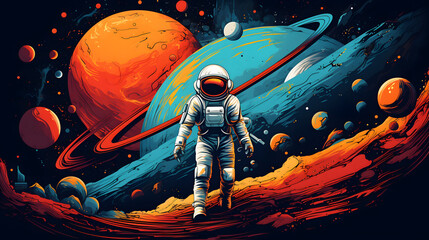 Space, science fiction, future. Vector retro illustrations of astronaut, galaxy, planet, moon, space objects for poster
