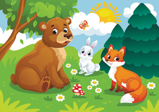 Forest cute animals. Friendly rabbit, fox and bear sitting on green meadow with butterfly and flower. Colorful kind character and nature with plants in children style. Cartoon flat vector illustration