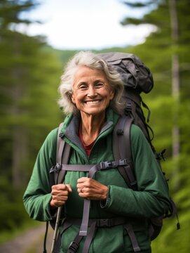Smiling Senior Woman Hiking Outdoors, Active Mature Hiker Photorealistic Illustration
