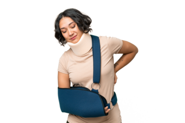 Young argentinian woman wearing neck brace and sling over isolated background suffering from backache for having made an effort