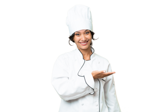 Young chef Argentinian woman over isolated background presenting an idea while looking smiling towards - Powered by Adobe