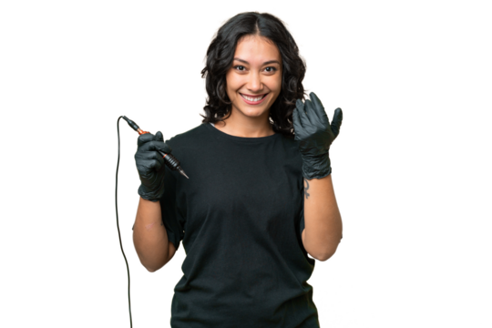 Tattoo artist Argentinian woman over isolated background inviting to come with hand. Happy that you came