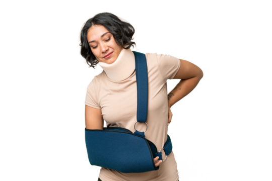 Young argentinian woman wearing neck brace and sling over isolated background suffering from backache for having made an effort