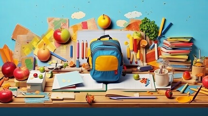 a school backpack with various stationery, a schoolboy at his desk. Illustration with cartoon child at school. Generative AI
