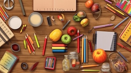 a school backpack with various stationery, a schoolboy at his desk. Illustration with cartoon child at school. Generative AI
