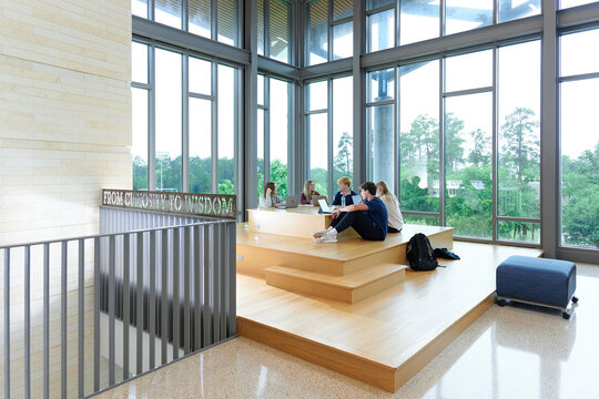 THE WOODLANDS, TEXAS - May 10th 2023: The John Cooper School&rsquo;s headmaster is pictured with senior students inside the state of the art science building in The Woodlands, Texas.