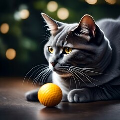 a cat with Its sleek and velvety gray fur , Its almond-shaped eyes , With dainty paws, playing with  a ball ,realistic picture .
