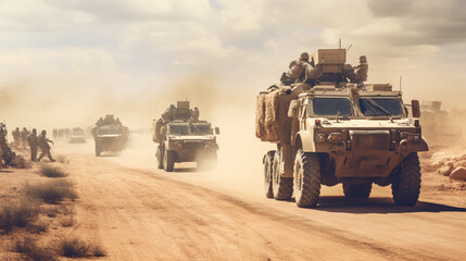 A group of military vehicles drive down a dusty road made with AI generative technology