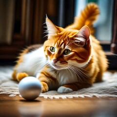 a cat with Its sleek and velvety gray fur , Its almond-shaped eyes , With dainty paws, playing with  a ball ,realistic picture .
