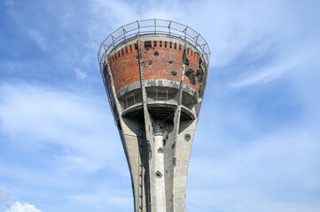 The damaged tower in Vukovar. Consequence of the war in Croatia. A war memorial turned into a...