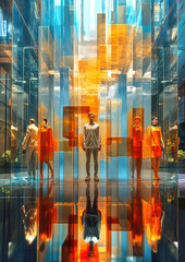 Transparent customers walk through an imaginary space in the city. Glass cubes are reflected on the floor, very modern colors with space for text, Generative AI