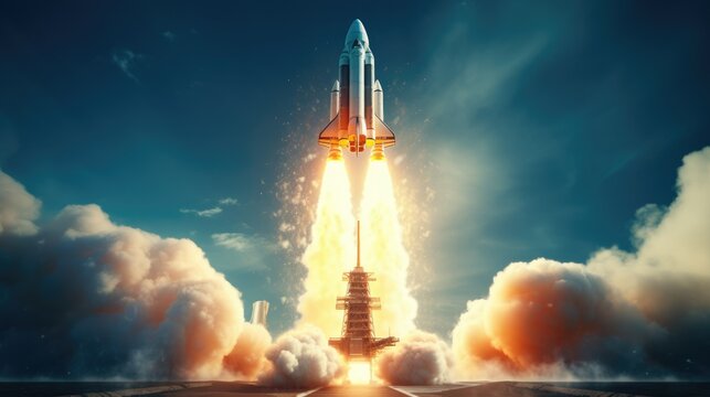 Launching a spacecraft or rocket from Earth. The moment of launch. A spectacular image of the launch of a space rocket