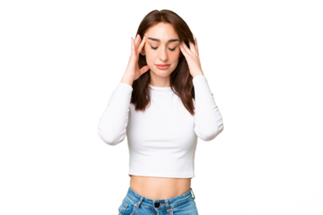 Young caucasian woman over isolated chroma key background with headache