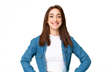 Young caucasian woman over isolated chroma key background posing with arms at hip and smiling