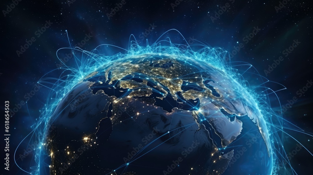 Wall mural planet earth is shrouded in a network grid. space technology, internet coverage of earth
