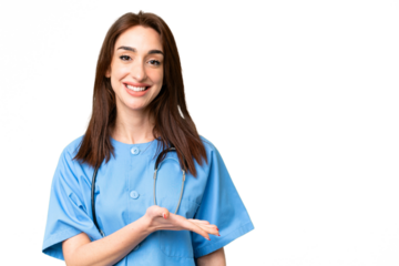 Young nurse woman over isolated chroma key background presenting an idea while looking smiling towards