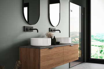 Chic bathroom setup with white double sink, soap dispensers, faucet, mirror, green wall background. Ideal for showcasing your products in a stylish and modern setting. Mock up. 3d rendering