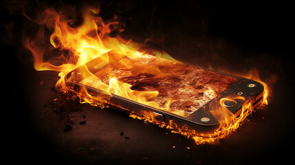 Burning smartphone. Mobile phone in fire made with AI generative technology